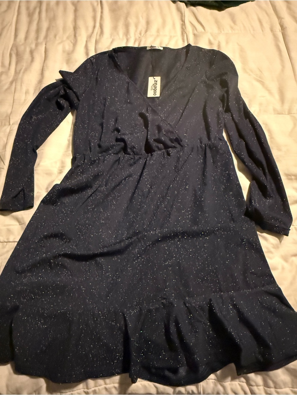 zeagoo Navy Sparkle Wrap-Style Long Sleeve Dress